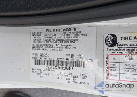 2008 Mercury Milan V6 from USA, damaged, VIN 3MEHM07108R602848